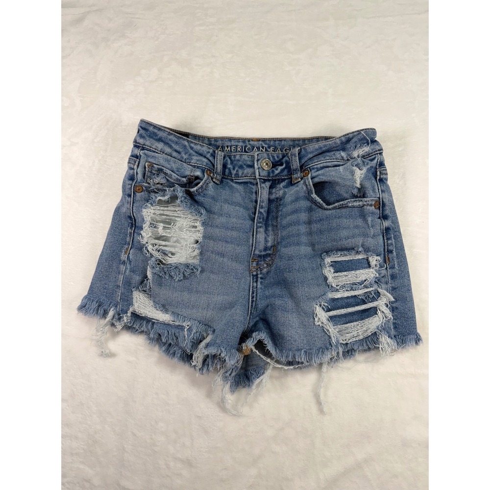 American Eagle Mom Short 4 Blue Distressed High Rise Denim Women